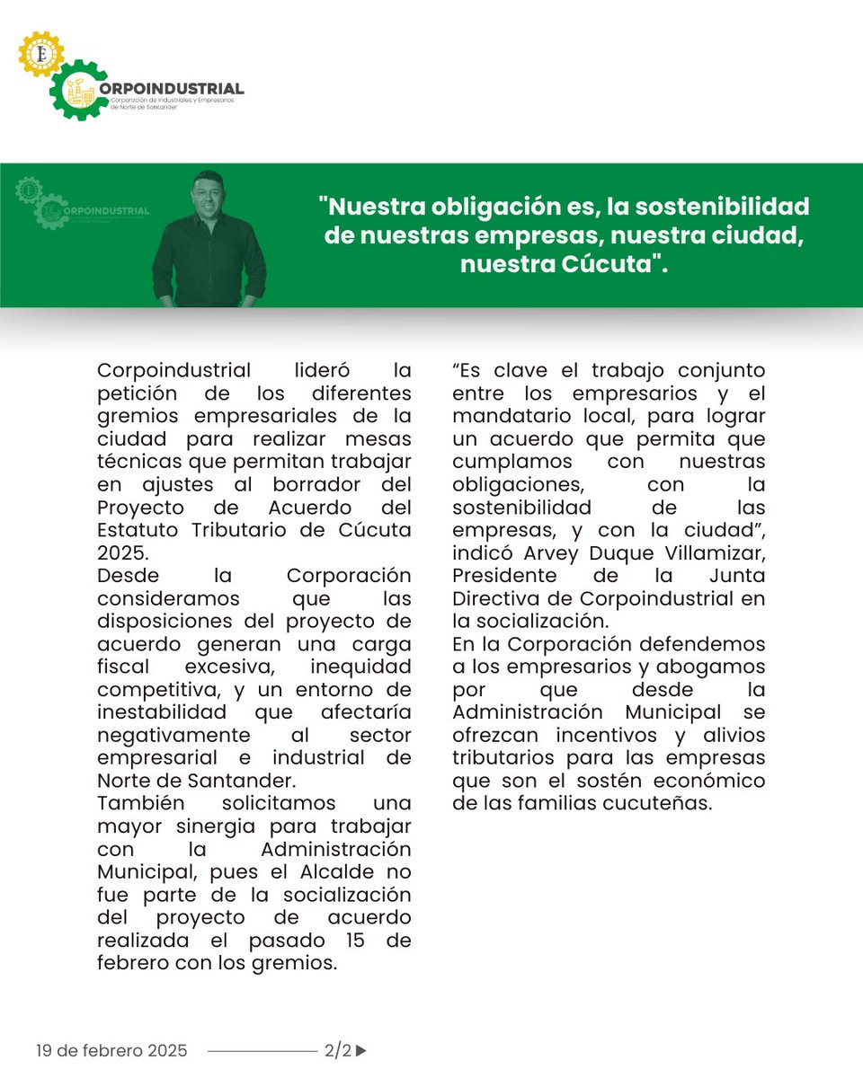 Corpoinduscuc's tweet photo. “Nuestra obligación es la sostenibilidad de nuestras empresas, nuestra ciudad, nuestra Cúcuta”, Arvey Duque Villamizar, Presidente de la Junta Directiva de Corpoindustrial. Comprometidos con el desarrollo sostenible, trabajamos por un futuro con crecimiento empresarial. https://t.co/QZDIJRzyCL