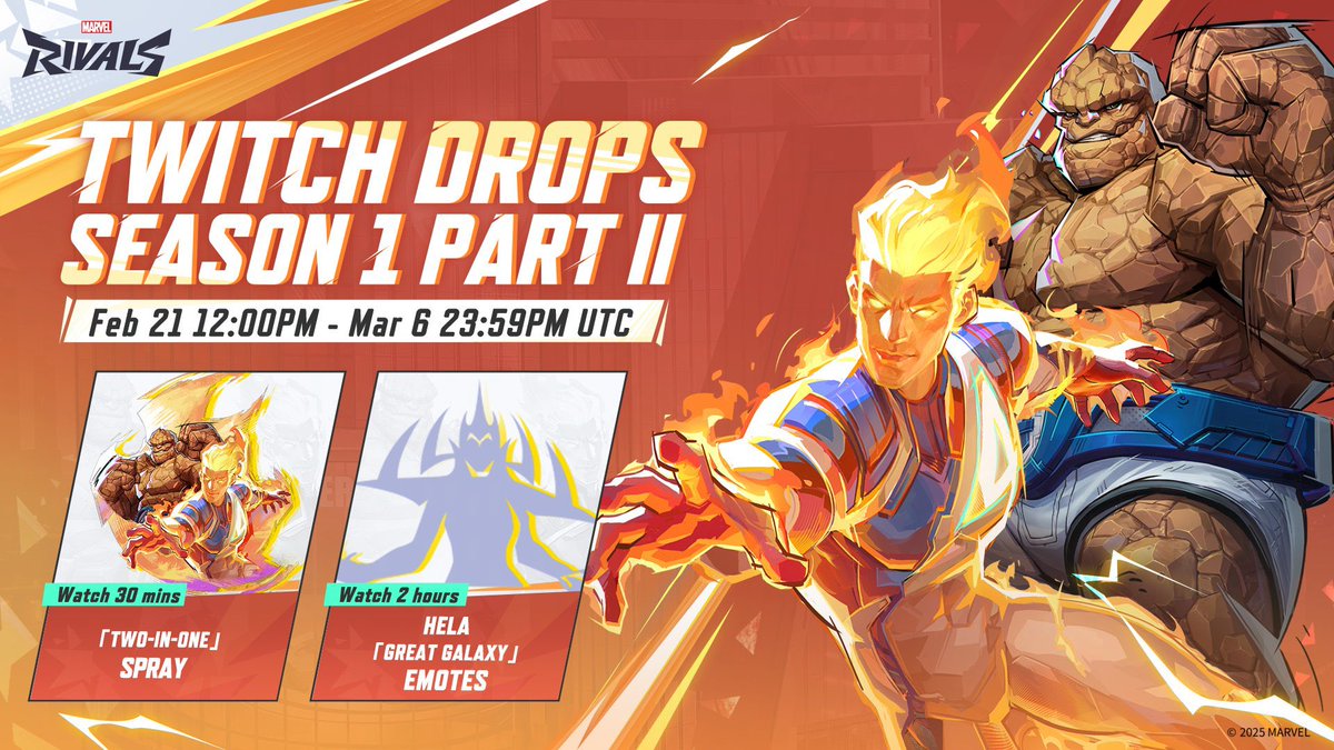 MRivalsMedia's tweet photo. New Twitch Drops available from February 21 at 12 PM UTC to March 6 at 11:59 PM UTC:
•Two-in-One Spray
•Great Galaxy Emote for Hela https://t.co/7BchaGzkPH