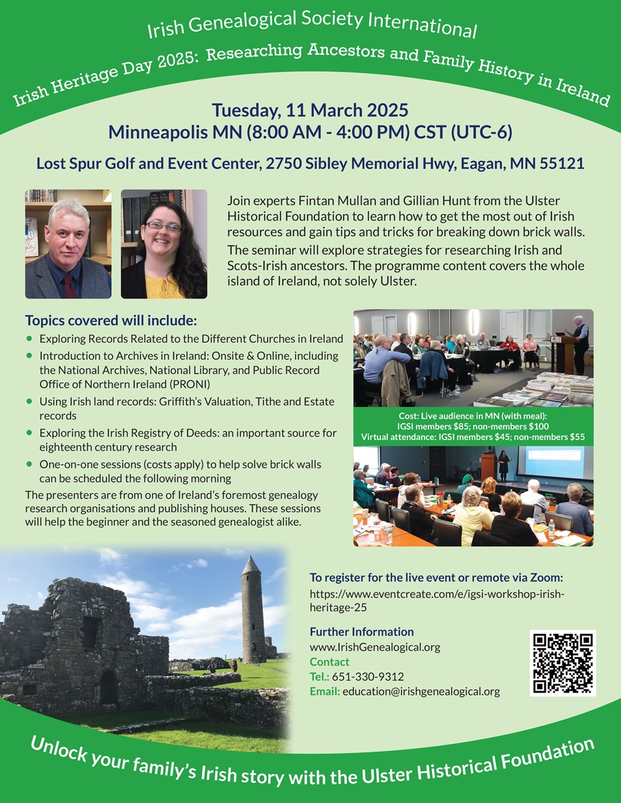 It has been 20 years since the Ulster Historical Foundation last visited #Minneapolis, #Minnesota so we cannot wait to be back on 11 March with @irishgensi for a #IrishGenealogy seminar! 

To find out more and to book: eventcreate.com/e/igsi-worksho…

#2025IrishGenealogyTourUSA