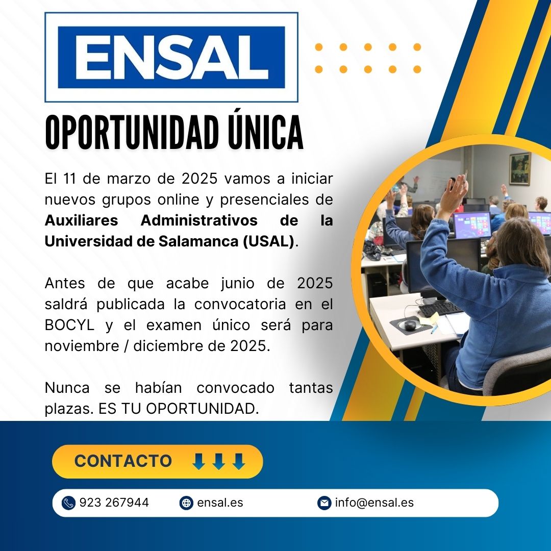EnsalFormacion's tweet photo. 🗓️El 11 de marzo de 2025 iniciamos nuevos grupos ONLINE Y PRESENCIAL de #AuxiliaresAdministrativos de la #USAL. 
⭐️Oportunidad única. 
🔗https://t.co/mwxnNi0gWU https://t.co/o4LS7UWtqQ
