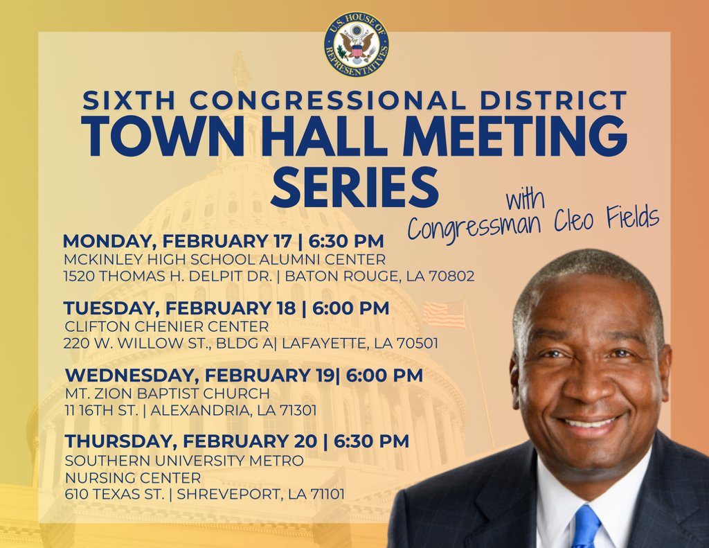 Today at 6:30 PM, U. S. Congressman Cleo Fields will host a town hall meeting at Southern University Metro Center, located in #downtownShreveport 610 Texas St. This event is the first #townhall in the area, providing residents an opportunity to engage with their representative.