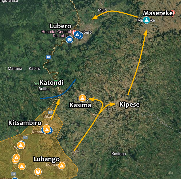 Intelynx's tweet photo. 🇨🇩 #DRC | #M23 rebels captured the villages of #Lubango and #Kasima in #Lubero territory, #North_Kivu. The #FARDC defenses around #Katondi have seemingly held. @actualitecd reports that #M23 may be trying to outflank the defenses and approach #Lubero along #Kipese-#Masareke road https://t.co/3bEdGEbERF
