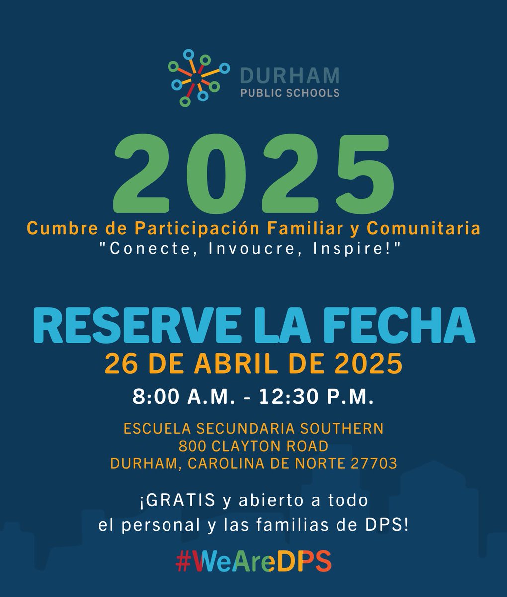 📢 Save the Date! 📢  

Join us for the 2025 Family &amp; Community Engagement Summit ✨  

📅 April 26, 2025 | ⏰ 8 AM - 12:30 PM  
📍 Southern School of Energy &amp; Sustainability
🎟️ Free &amp; open to all DPS staff and families!  

#WeAreDPS

#SomosDPS