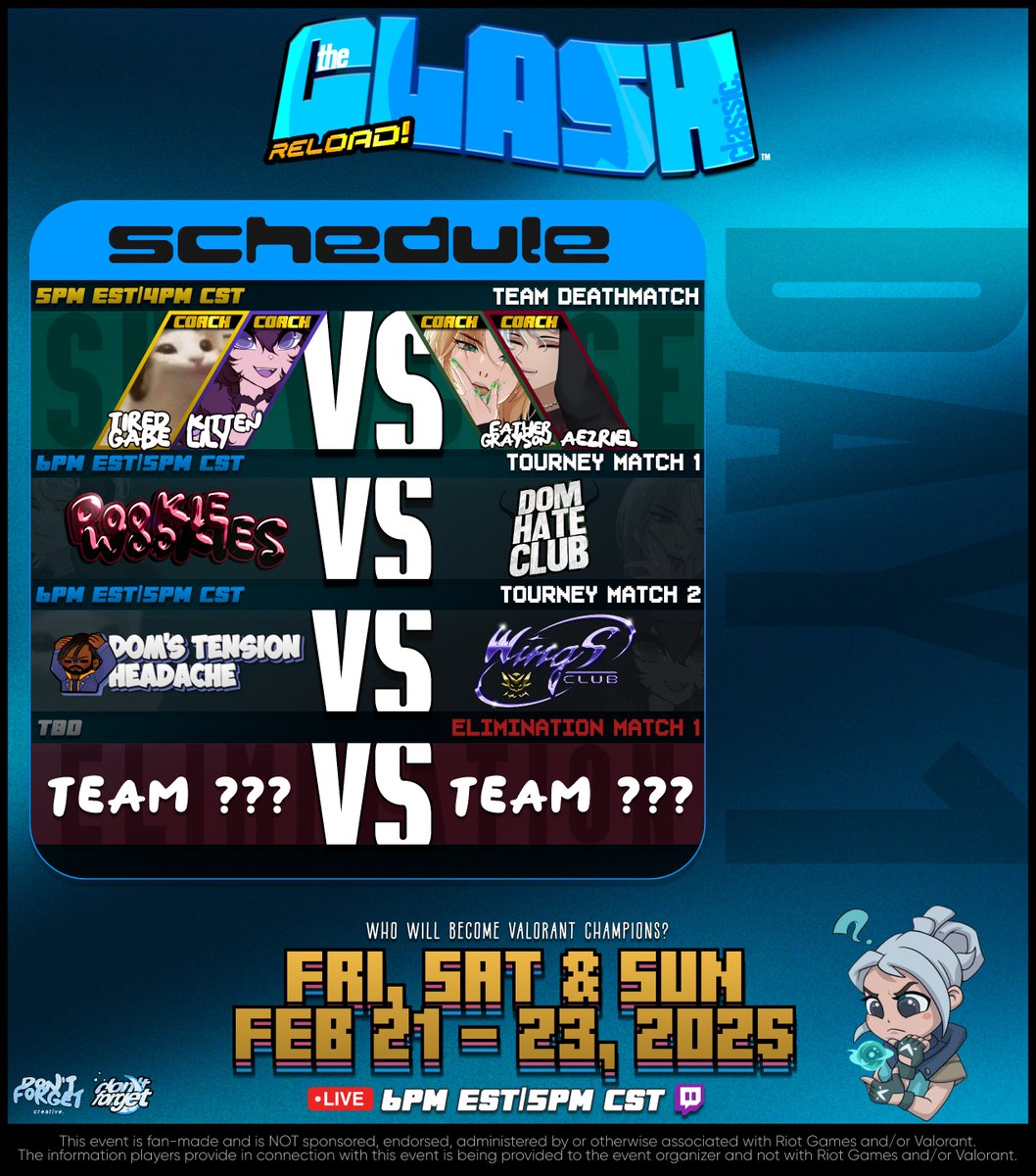 theclashclassic's tweet photo. Each day will start with a showcase match an hour before the tourney matches. First up, Tired Gabe and Kitten Lily take on Father Grayson and Aezriel in a TDM!

Tourney Match 1 and 2 will run concurrently so be sure to tune in to the live channels for each team's POV. [2/3] https://t.co/tQFKbJfRvH