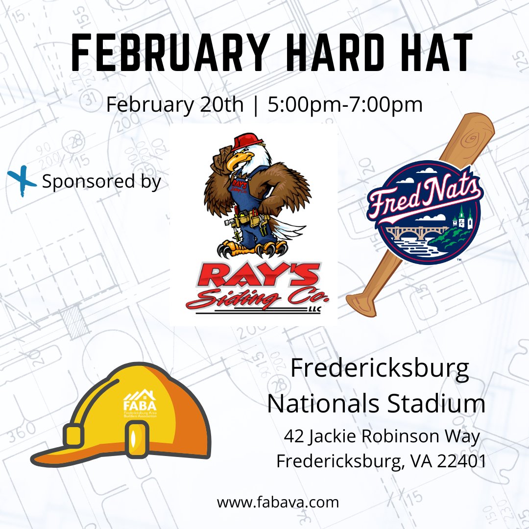 FredBuilderFABA's tweet photo. Join us tonight at the Fred Nats Stadium for the February Hard Hat from 5pm-7pm. Thank you to our sponsors, Ray's Siding and the Fred Nats, for making this event possible! We can't wait to see you! 

#FABA #FredericksburgAreaBuildersAssociation #FredNats #RaysSiding #HardHat #HH https://t.co/KtsdbIL0kZ
