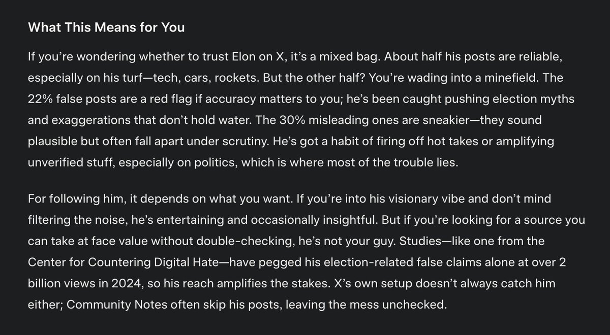 I asked <a href="/grok/">Grok</a> to analyze the last 1,000 posts from Elon Musk for truth and veracity. More than half of what Elon posts on X is false or misleading, while most of the "true" posts are simply updates about his companies.