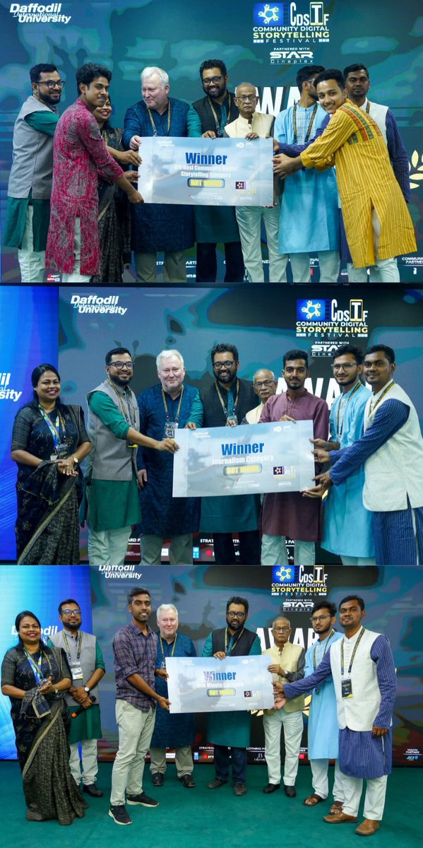 Akhey043933's tweet photo. Here are the winners of #CDSTF2025
1. DIU Best Community Digital Story: S. M. Hasib Hasnain &amp; Md. Tofayel Ahmed - Ehon Ki Upay
2.Independent: Jahidul Islam
3.Journalism: Raihan Chowdhury - The Story of Fishermen
 One Minute: Javed Rayhan - Woman Right
#jmconlinemojo @MoJoJamil https://t.co/a9Xxbl7Af4