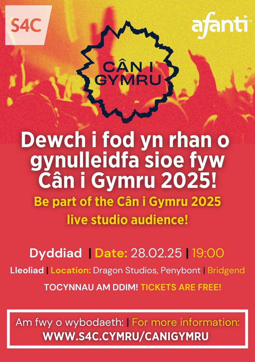 Ymunwch â'r cyffro yn fyw o'r stiwdio! 👀

Join the excitement in the studio! 👀

👉 Tocynnau am ddim! | Tickets are free! 
🎟 s4c.cymru/canigymru

#CiG2025 🏴󠁧󠁢󠁷󠁬󠁳󠁿