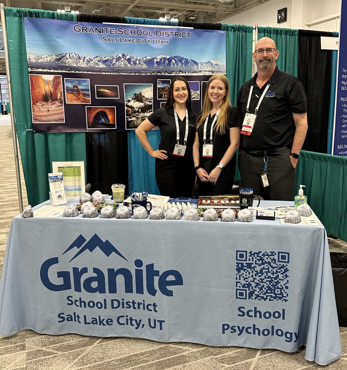 GraniteSchPsych's tweet photo. Great first day of recruiting at #NASP2025, and ready for Day 2!
We have restocked our limited inventory of Granite Stress Rocks and Utah Truffles. ⁦⁦@UtahSchoolPsych⁩ ⁦@nasponline⁩ https://t.co/iHvqIHg04M