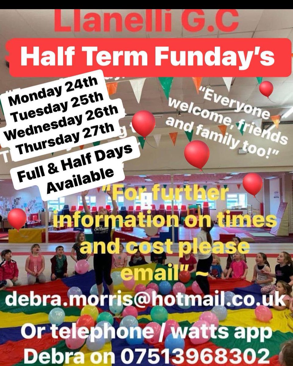 Half Term Fundays!
 *Monday 24th February*
Full day 
9am til 4pm
Half day 
11am til 3pm 
*Tuesday 25th February*
Half day 
11.30am til 3.30pm
*Wednesday 26th February*
Half day 
11.30am til 3.30pm
*Thursday 27th February*
Full day 
9am til 4pm 
Half day
11am til 3pm