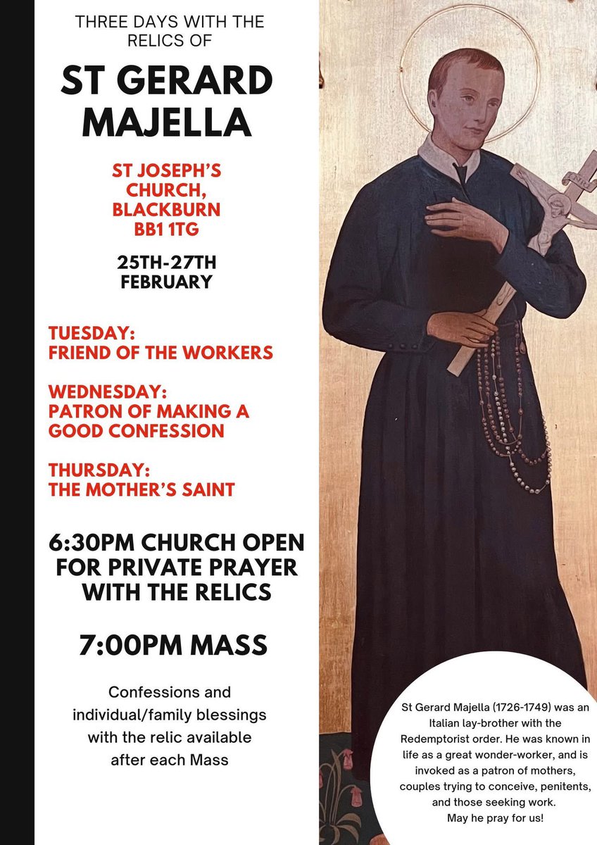 Redemptorists GB (@redemptoristsgb) on Twitter photo Three days with the relics of St Gerard Majella in Blackburn next week - see you there! Three days with the relics of St Gerard Majella in Blackburn next week - see you there!