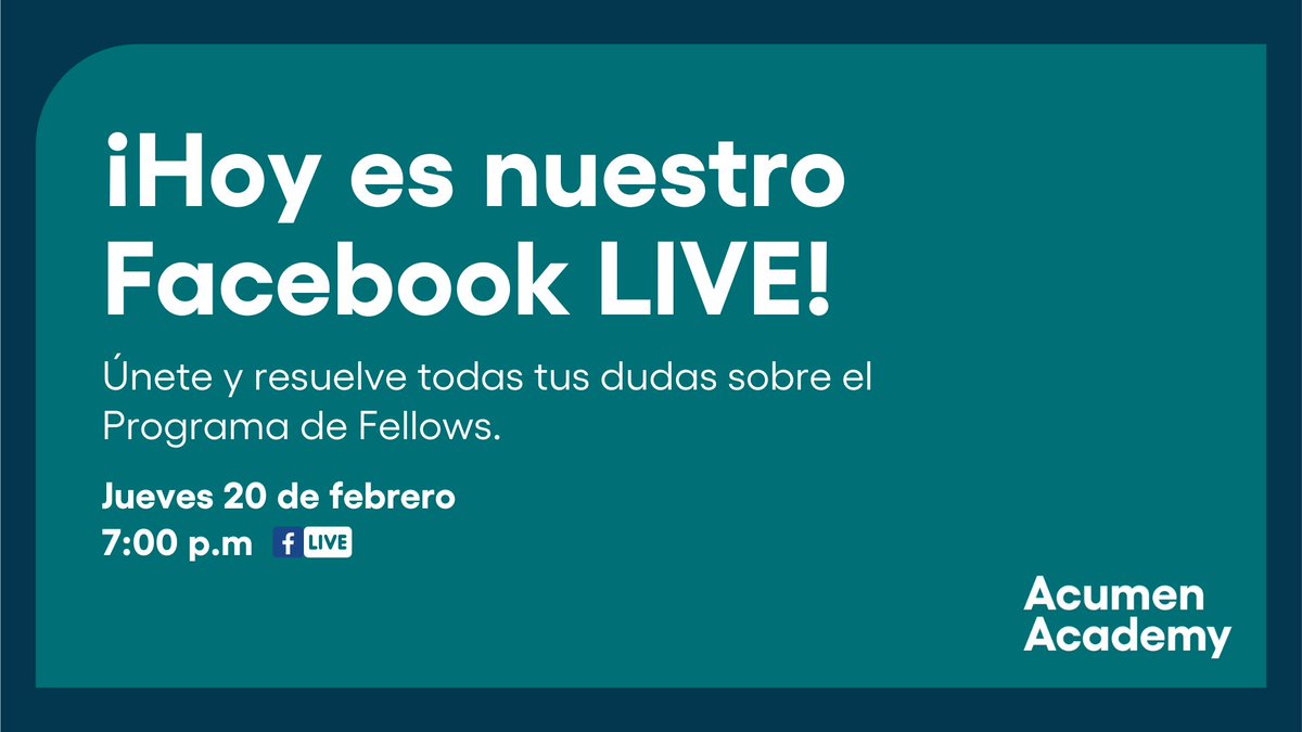AcumenAcademy (@acumenacademy) on Twitter photo 🚨 ¡Es ahora o nunca! 🚨 Únete a nuestra transmisión en vivo hoy a las 7:00 pm (hora Colombia). Responderemos todas tus preguntas sobre cómo ser parte del Programa de Fellows de Acumen en Colombia. 🚨 ¡Es ahora o nunca! 🚨 Únete a nuestra transmisión en vivo hoy a las 7:00 pm (hora Colombia). Responderemos todas tus preguntas sobre cómo ser parte del Programa de Fellows de Acumen en Colombia.