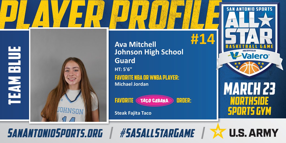 San Antonio Sports (@sa_sports) on Twitter photo Meet @Avamitchell0 from <a href="/CTJohnsonHigh/">CTJHighSchool</a> who will compete in the San Antonio Sports All-Star Basketball game pres. by <a href="/ValeroEnergy/">Valero</a> at the Northside Sports Gym on March 23rd! #SASAllStarGame #BeAllYouCanBe <a href="/TacoCabana/">Taco Cabana</a> <a href="/ArmySanAntonio/">GoArmy San Antonio</a>
<a href="/jjgirlshoops/">San Antonio Johnson Jaguars Girls Basketball</a>
<a href="/stephdesma/">stephanie desmarais</a> Meet @Avamitchell0 from <a href="/CTJohnsonHigh/">CTJHighSchool</a> who will compete in the San Antonio Sports All-Star Basketball game pres. by <a href="/ValeroEnergy/">Valero</a> at the Northside Sports Gym on March 23rd! #SASAllStarGame #BeAllYouCanBe <a href="/TacoCabana/">Taco Cabana</a> <a href="/ArmySanAntonio/">GoArmy San Antonio</a>
<a href="/jjgirlshoops/">San Antonio Johnson Jaguars Girls Basketball</a>
<a href="/stephdesma/">stephanie desmarais</a>
