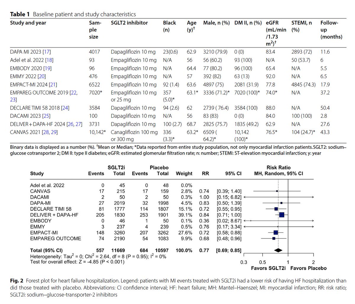 👥Systematic meta-analysis of 10 RCTs (&gt;22,000 pts - 51.2% w/T2DM) to determine the impact of SGLT2i in pts w/ recent or previous MI.
🗓️Mean age 62 yrs; median FU was 21 months. 

Main findings:
💥HF hospitalization rates were ⬇️in pts on SGLT2i compared with placebo (RR 0.77;