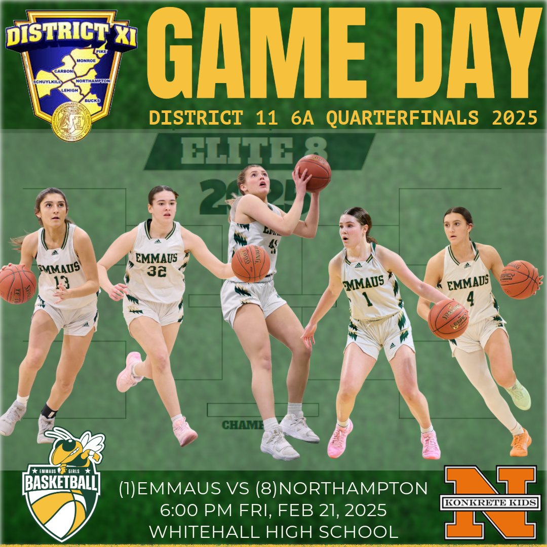 The 24-1 Emmaus Hornets head to Whitehall High School for the District XI Quarterfinals to take on the  10-12 Northampton Konkrete Kids!
🚩Whitehall High School (3800 Mechanicsville Rd, Whitehall Township, PA 18052)
🗓️Friday, 2/21/2025, 6:00PM
🎟️Tickets: bit.ly/4b6hGmV