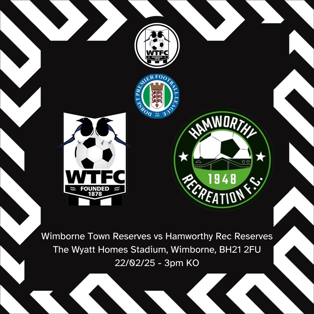 Wimborne Town FC Reserves (@wtfcres1878) on Twitter photo THIS SATURDAY:
We face <a href="/ham_rec/">Ham Rec FC (Res)</a> at home.
π Hamworthy Rec Reserves
β½οΈ <a href="/DPL_official/">Dorset Premier Football League</a>
ποΈ The Wyatt Homes Stadium
πBH21 2FU
ποΈ22.02.2025
β°3pm KO
#upthemagpies π₯§ THIS SATURDAY:
We face <a href="/ham_rec/">Ham Rec FC (Res)</a> at home.
π Hamworthy Rec Reserves
β½οΈ <a href="/DPL_official/">Dorset Premier Football League</a>
ποΈ The Wyatt Homes Stadium
πBH21 2FU
ποΈ22.02.2025
β°3pm KO
#upthemagpies π₯§