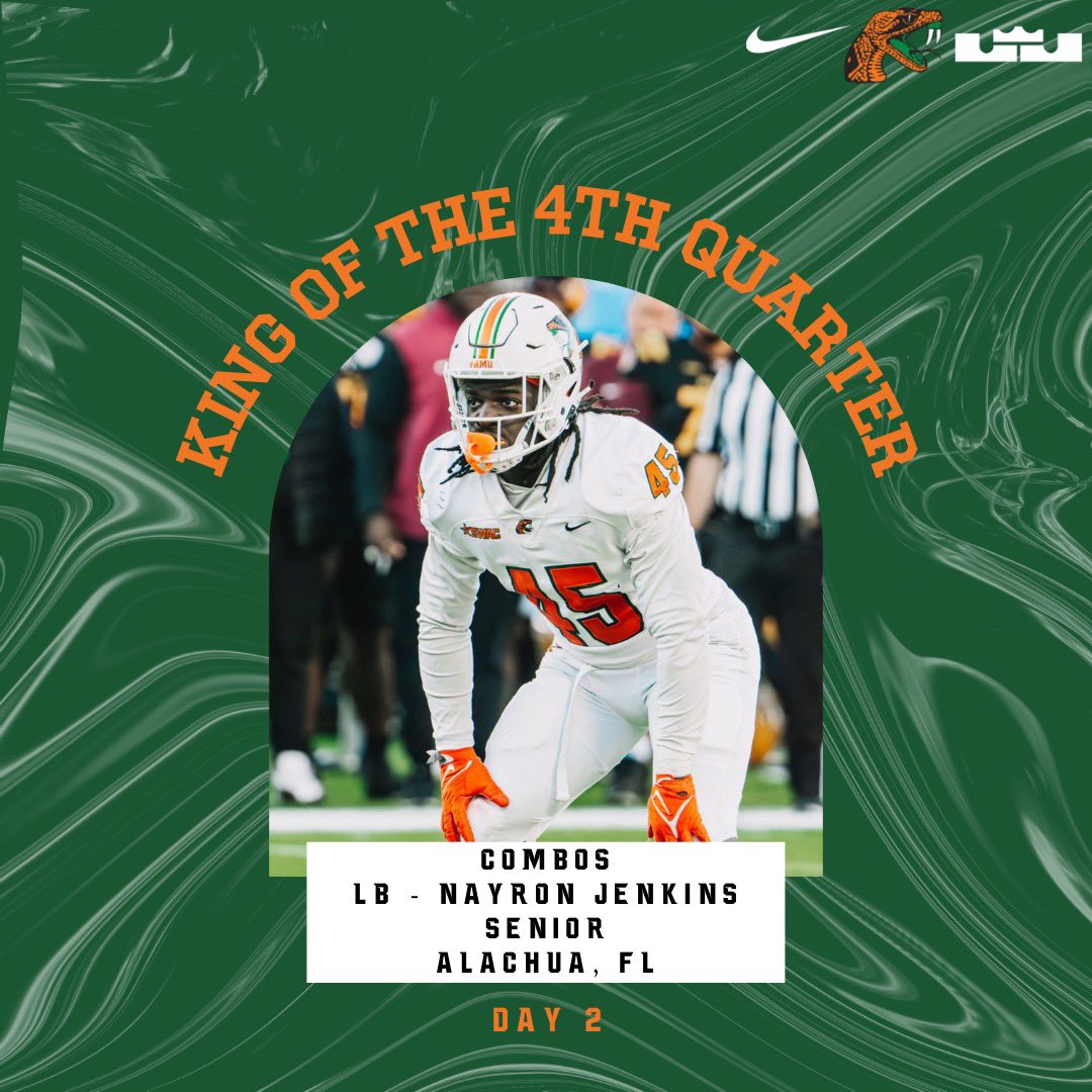 Had a few leaders today during the 4th Qtr. Drills #2.  #FAMULY

Day 2

Skill: DB Chase Llloyd

Combos: RB Boe Summersett (2x)
                       LB Nayron Jenkins