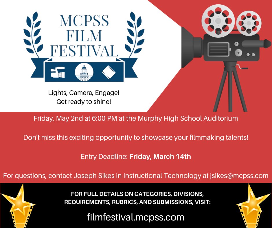 Lights, Camera, Engage! The deadline for entries to the 2025 MCPSS Film Festival is March 14. Winners will be honored at the festival on May 2 at the Murphy High auditorium. For more info, visit filmfestival.mcpss.com. Get ready to shine! #GrowingGREATNESS