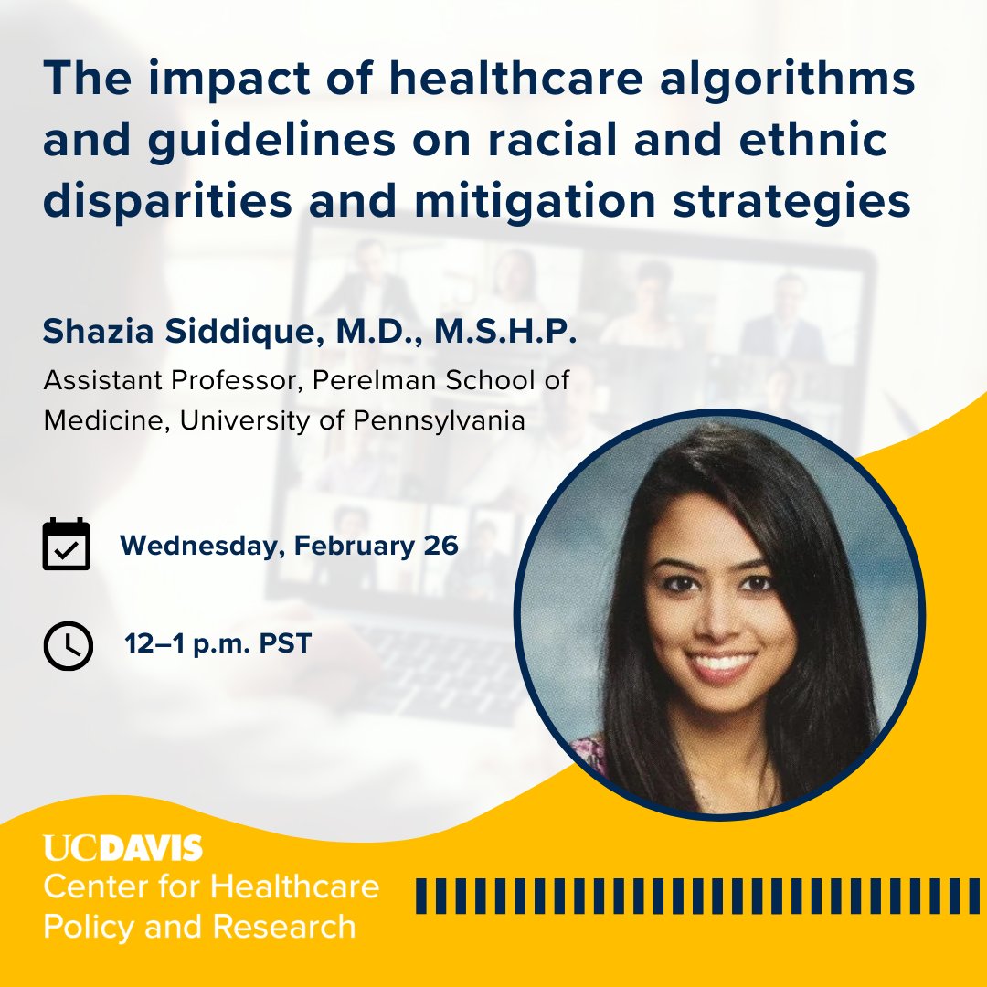 UC Davis Center for Healthcare Policy and Research (@ucd_chpr) on Twitter photo Join us Feb. 26 as we dive into the impact of healthcare algorithms and clinical guidelines on racial and ethnic disparities. We'll discuss bias, the role of proxy variables, and mitigation strategies with <a href="/PennMedicine/">Penn Medicine</a>'s <a href="/ShaziaMSiddique/">Shazia Siddique MD MS</a>.
Register: ucdavishealth.zoom.us/meeting/regist… Join us Feb. 26 as we dive into the impact of healthcare algorithms and clinical guidelines on racial and ethnic disparities. We'll discuss bias, the role of proxy variables, and mitigation strategies with <a href="/PennMedicine/">Penn Medicine</a>'s <a href="/ShaziaMSiddique/">Shazia Siddique MD MS</a>.
Register: ucdavishealth.zoom.us/meeting/regist…