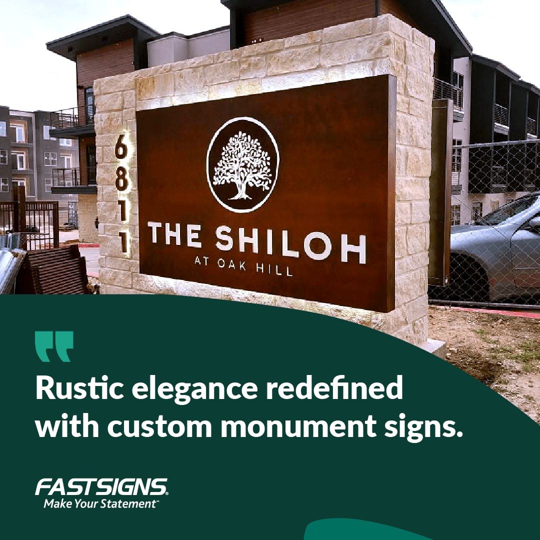 FASTSIGNS's tweet image. Transform your environment with custom signage and visual solutions! From striking exterior signs to unique rustic finishes, we bring your leasing experience to life with designs that capture attention and leave a lasting impact. #FASTSIGNS #MakeYourStatement #customersolutions