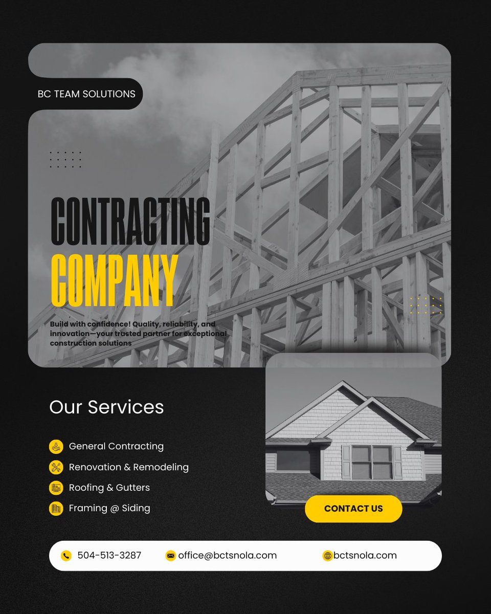 BCTeamSolutions's tweet image. BC Team Solutions offers affordable general contracting services in Louisiana. Call 📞 504-513-3287 today for a FREE inspection and estimate!
#GeneralContracting #FreeEstimate #BCTeamSolutions #LouisianaHomes #AffordableRepairs #HomeImprovement #CallToday