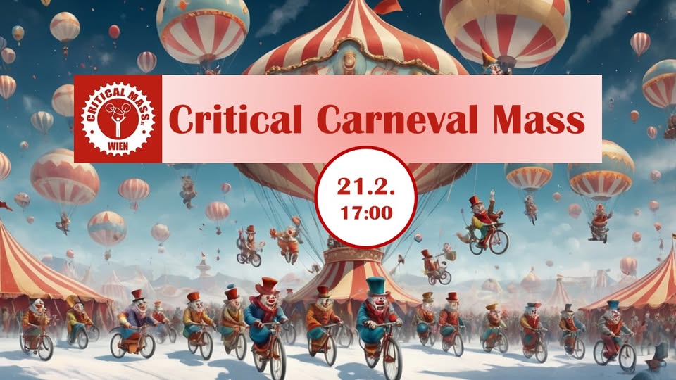 Die Critical Mass Wien feiert im Februar bunt kostümiert das beste Verkehrsmittel der Stadt! Wir nehmen uns den Platz auf der Straße, der dem Radverkehr zusteht: #MehrPlatzFürsRad 📷
Mit Spaß und Sound für die #Verkehrswende und gegen die #Klimakrise.