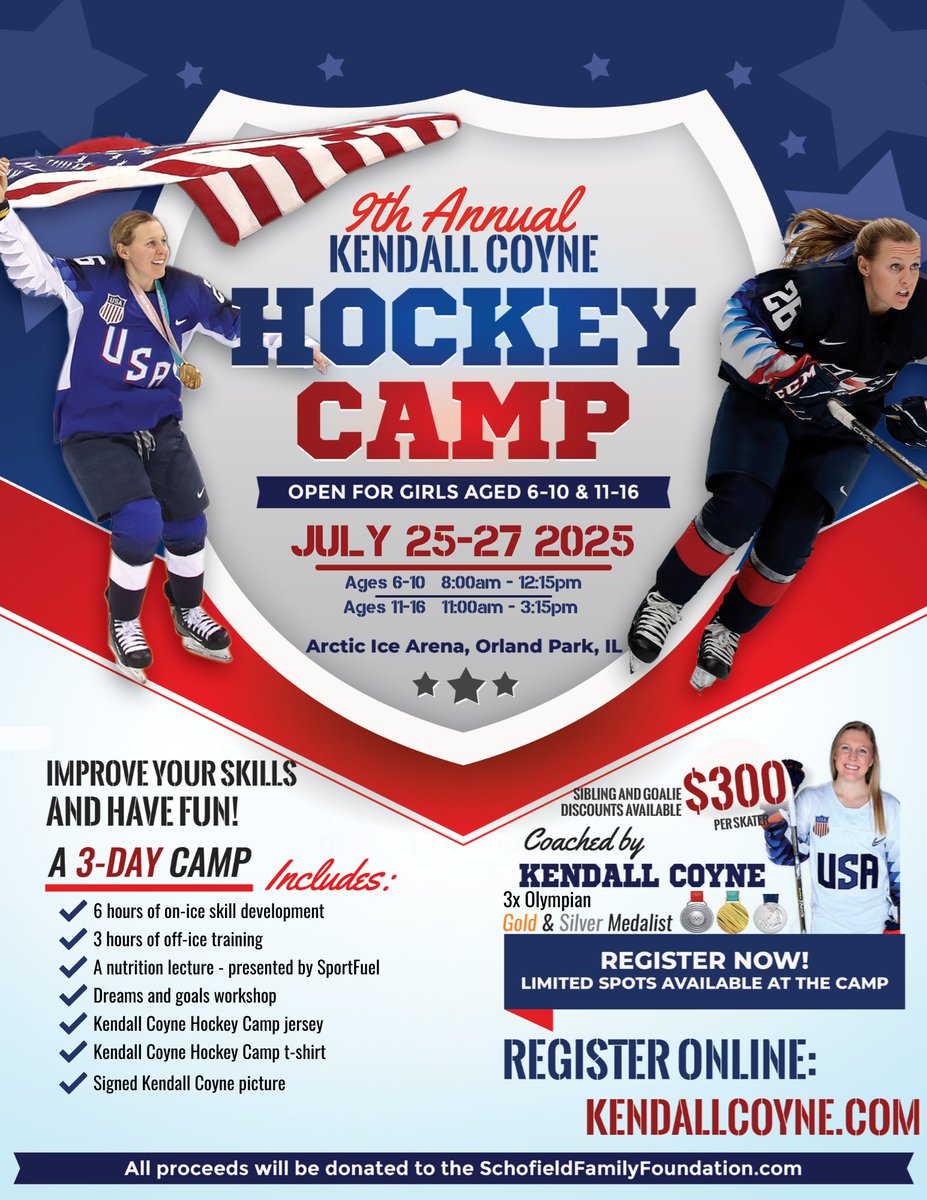 The 9th Annual Kendall Coyne Hockey Camp will take place on July 25-27 at Arctic Ice Arena. Registration for the camp will open on March 8th at 1pm CST / 2pm EST. 

For more information visit: Kendallcoyne.com/camp