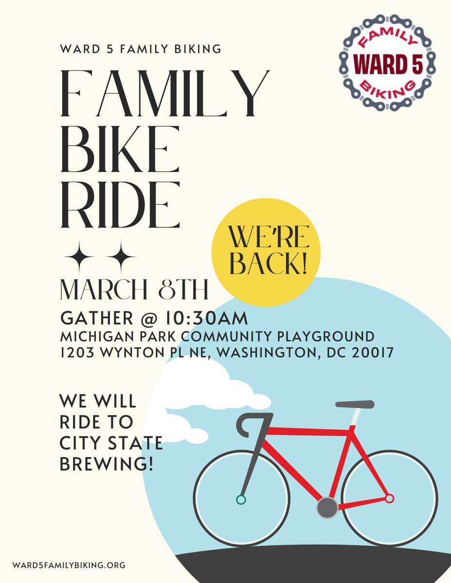 Ward5FamilyBike's tweet image. And we’re back! See you at the Michigan Park Community Playground at 10:30am on March 8th!