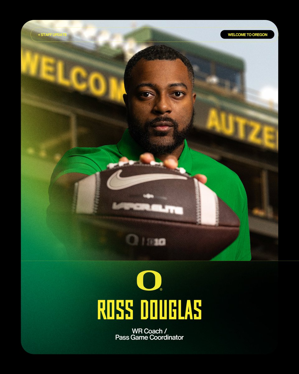 Oregon Football (@oregonfootball) on Twitter photo Big addition to the coaching staff!
Excited to welcome <a href="/RossDoug21/">Ross Douglas Sr.</a> to Oregon as the Ducks' new wide receivers coach and pass game coordinator. #GoDucks
📝 tinyurl.com/24ms9z9r Big addition to the coaching staff!
Excited to welcome <a href="/RossDoug21/">Ross Douglas Sr.</a> to Oregon as the Ducks' new wide receivers coach and pass game coordinator. #GoDucks
📝 tinyurl.com/24ms9z9r
