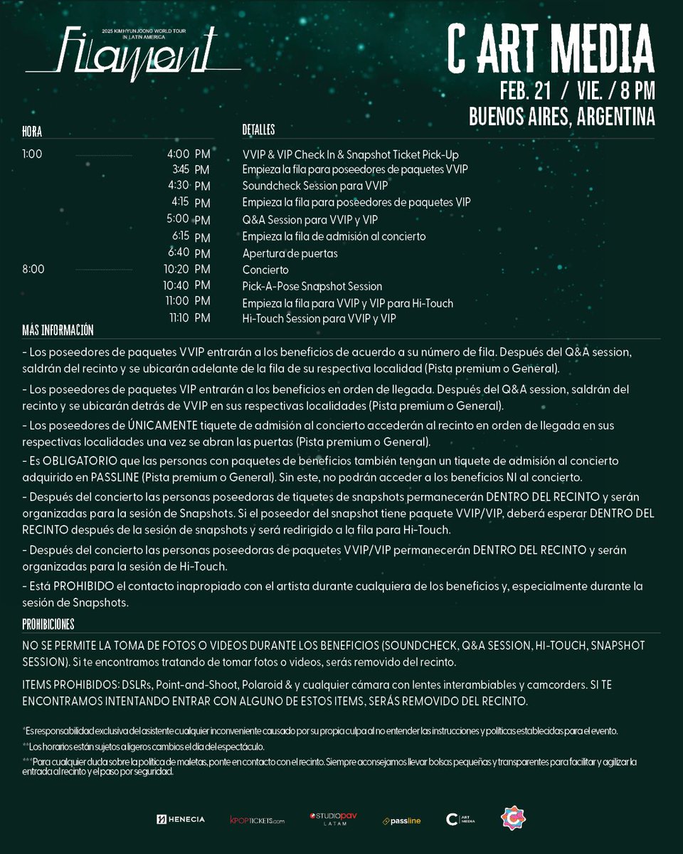 #HENECIA en Buenos Aires!🇦🇷 aquí está tu horario para el día del concierto! Lee bien y guarda el de tu ciudad!

Por favor recoge tu(s) Paquete(s) de Beneficio y Tiquete(s) de Snapshot a la hora de check-in indicada arriba. ¡Los boletos de Snapshot DEBEN recogerse ANTES de que