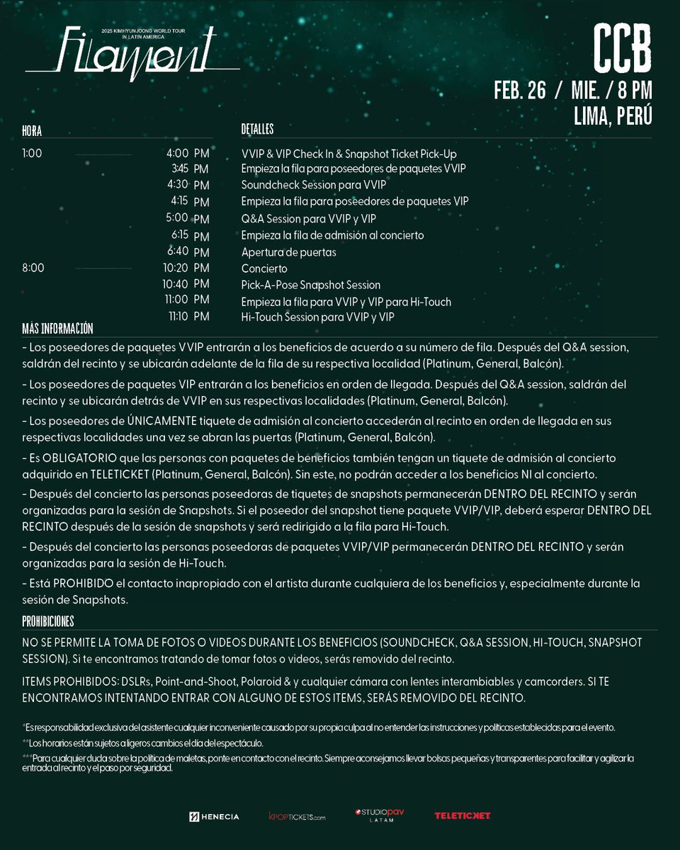 #HENECIA aquí está tu horario para el día del concierto! Lee bien y guarda el de tu ciudad!

Por favor recoge tu(s) Paquete(s) de Beneficio y Tiquete(s) de Snapshot a la hora de check-in indicada arriba. ¡Los boletos de Snapshot DEBEN recogerse ANTES de que comience el concierto!