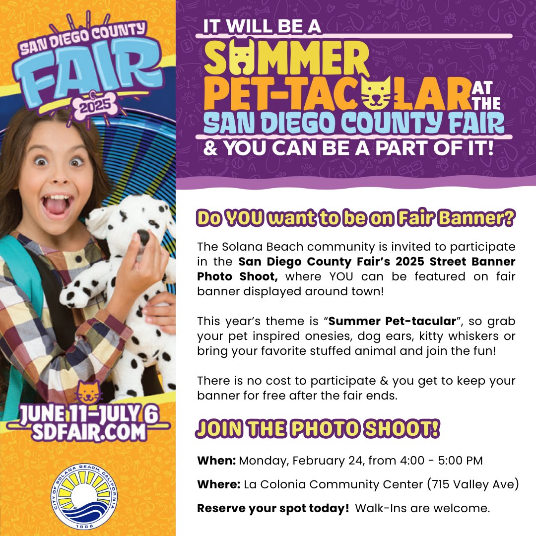 City of Solana Beach (@citysolanabeach) on Twitter photo We Want YOU on a 2025 Fair Street Banner!
The City has partnered with <a href="/SDFair/">San Diego County Fair (#sdfair)</a> to feature photos of our very own residents on street banners promoting the Fair, which will be displayed throughout the city!
To reserve you spot, visit: cityofsolanabeach.org/en/events/coun⦠We Want YOU on a 2025 Fair Street Banner!
The City has partnered with <a href="/SDFair/">San Diego County Fair (#sdfair)</a> to feature photos of our very own residents on street banners promoting the Fair, which will be displayed throughout the city!
To reserve you spot, visit: cityofsolanabeach.org/en/events/counā¦