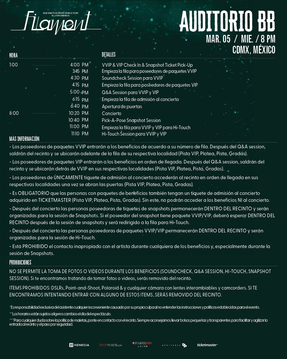 #HENECIA aquí está tu horario para el día del concierto! Lee bien y guarda el de tu ciudad!

Por favor recoge tu(s) Paquete(s) de Beneficio y Tiquete(s) de Snapshot a la hora de check-in indicada arriba. ¡Los boletos de Snapshot DEBEN recogerse ANTES de que comience el concierto!