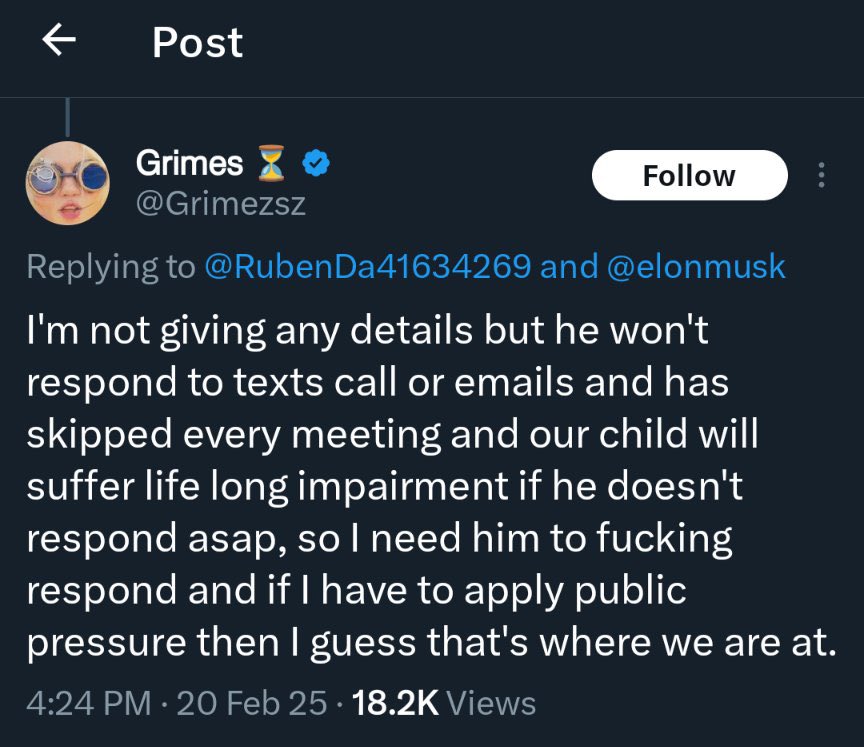 Elon out here hiding and deleting grimes' replies about their son. Richest man in the world, still a deadbeat dad. Fucking pathetic.