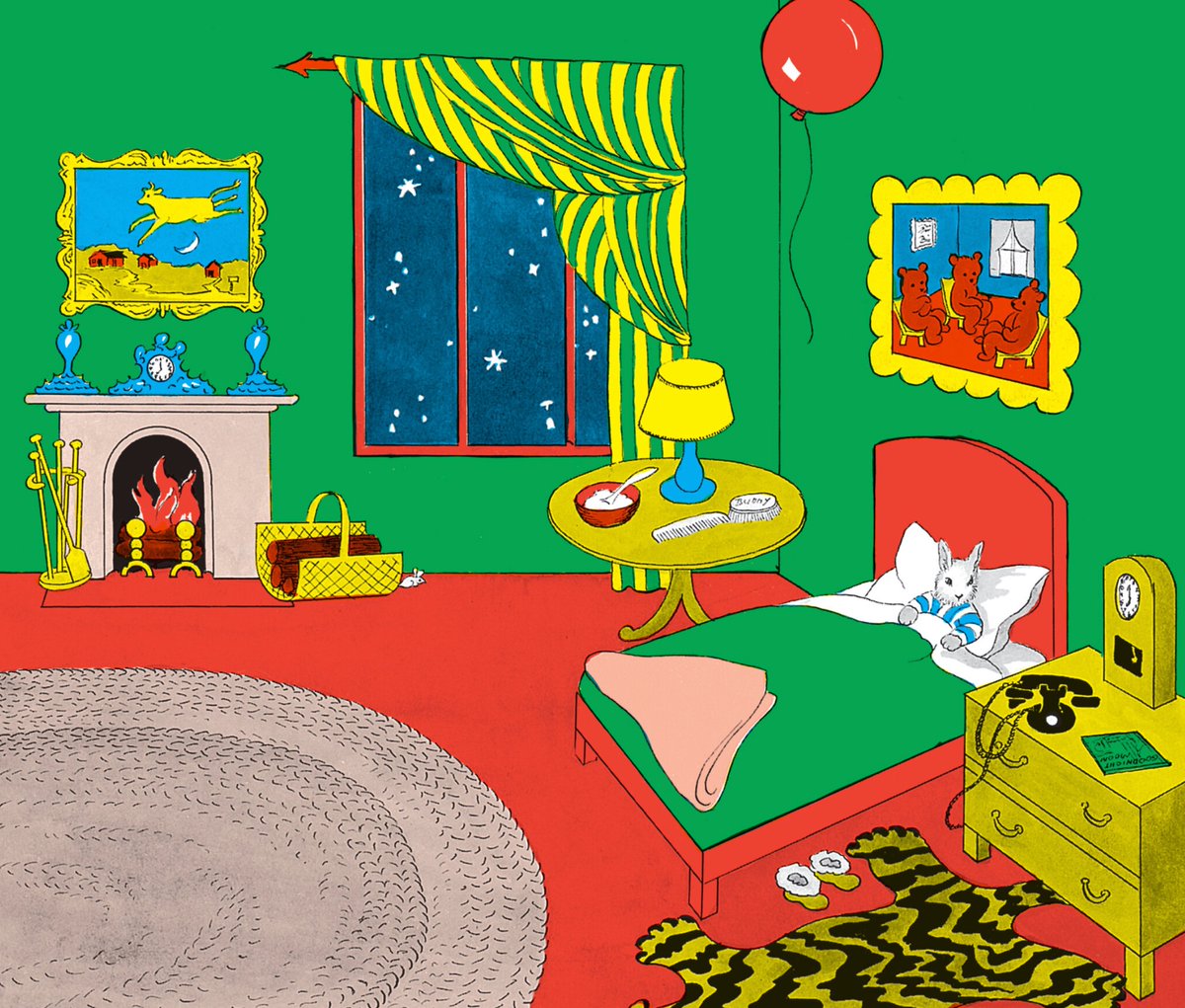 JennMGreenberg's tweet photo. I realize this is a nostalgic classic and I'm probably alienating half my base here but ... Can we talk about the nightmarish home design choices happening here?

Kelly Green walls.

Tomato Red carpet.

Retina-searing yellow accents.

Those curtains look like fabric you'd use to make clown pants.

The jarring tiger skin (which goes with absolutely nothing in the room) and that braided brown rug clash horribly.

Despite this being the bedroom of a small bunny-child, he has no toys, but he does have a rotary phone and two clocks, which is odd.