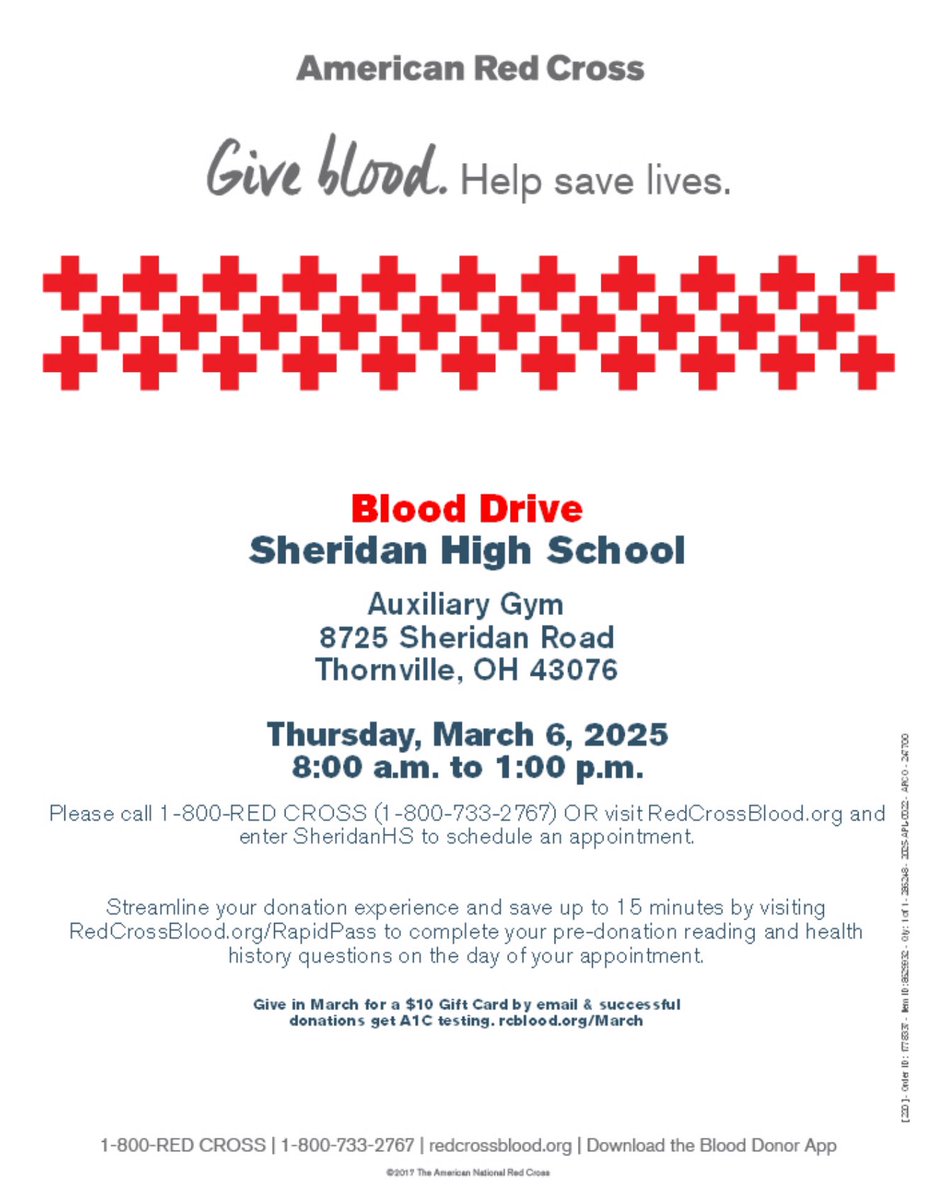 There are several spots available at our National Honor Society blood drive! Sign up for March 6th drive to give back and receive an Amazon gift card! Seniors, donate THREE times to get your red graduation cord.

rcblood.org/March