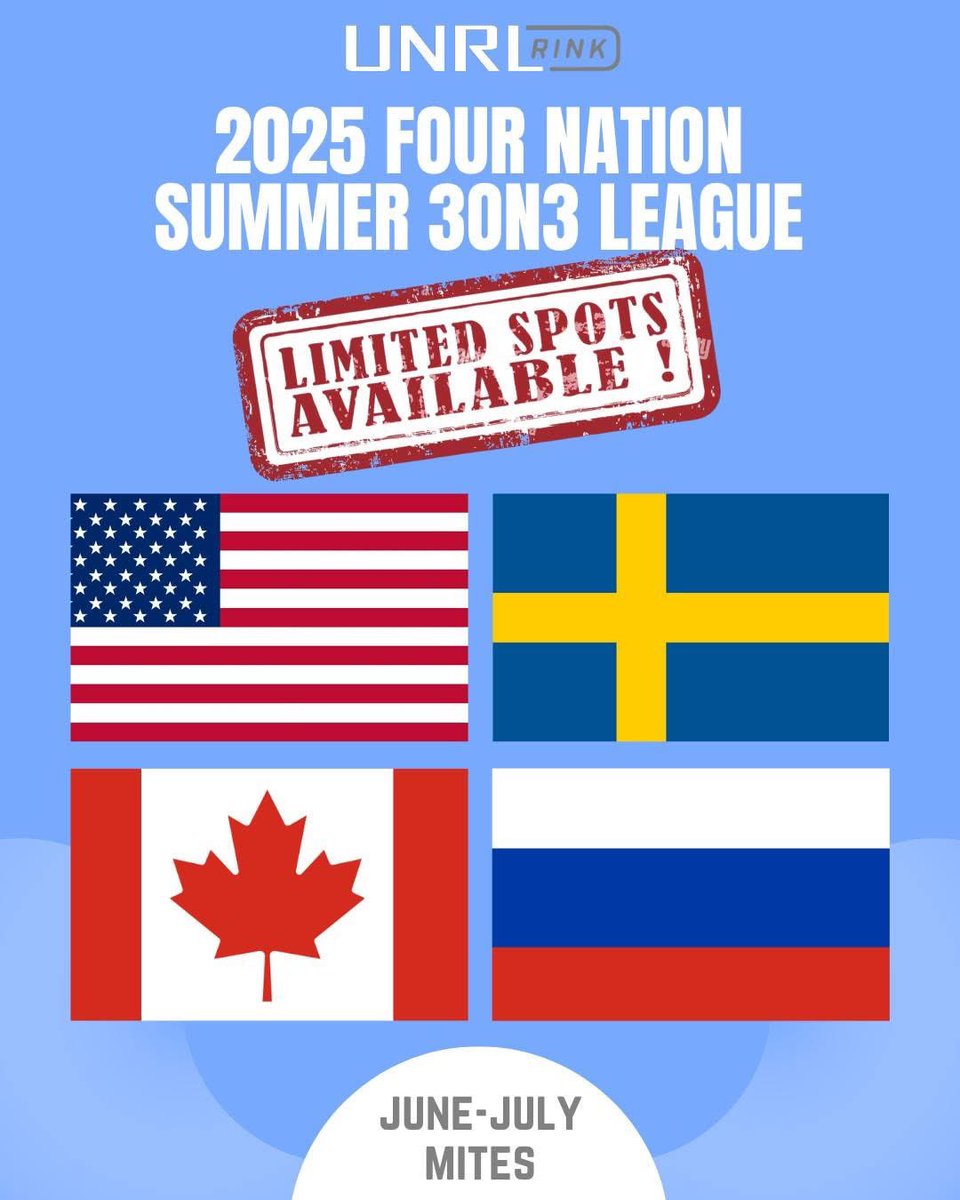 🚨 Four Nations Summer 3on3 Mite League is Filling Up Fast! 🚨

Spots are going QUICK! Only 10 openings left—don’t miss out on this fast-paced, high-energy summer hockey experience! 🏒🔥

⚡ Sign up ASAP! ⚡

🔗 lalink.io/431nj3w

#Mites3v3 #FourNationsLeague #HockeyFun