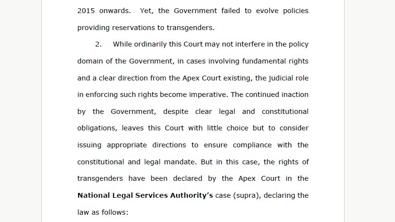 mihirxr's tweet photo. In Nov 2024, the Kerala HC explicitly ordered the Govt to provide reservations for transgender persons - a vital precedent.

Vibha and I had argued  (https://t.co/cRXtKMDZHR) that HCs have failed to appreciate that NALSA was an important doctrinal shift on reservations. https://t.co/RBJppbovIv