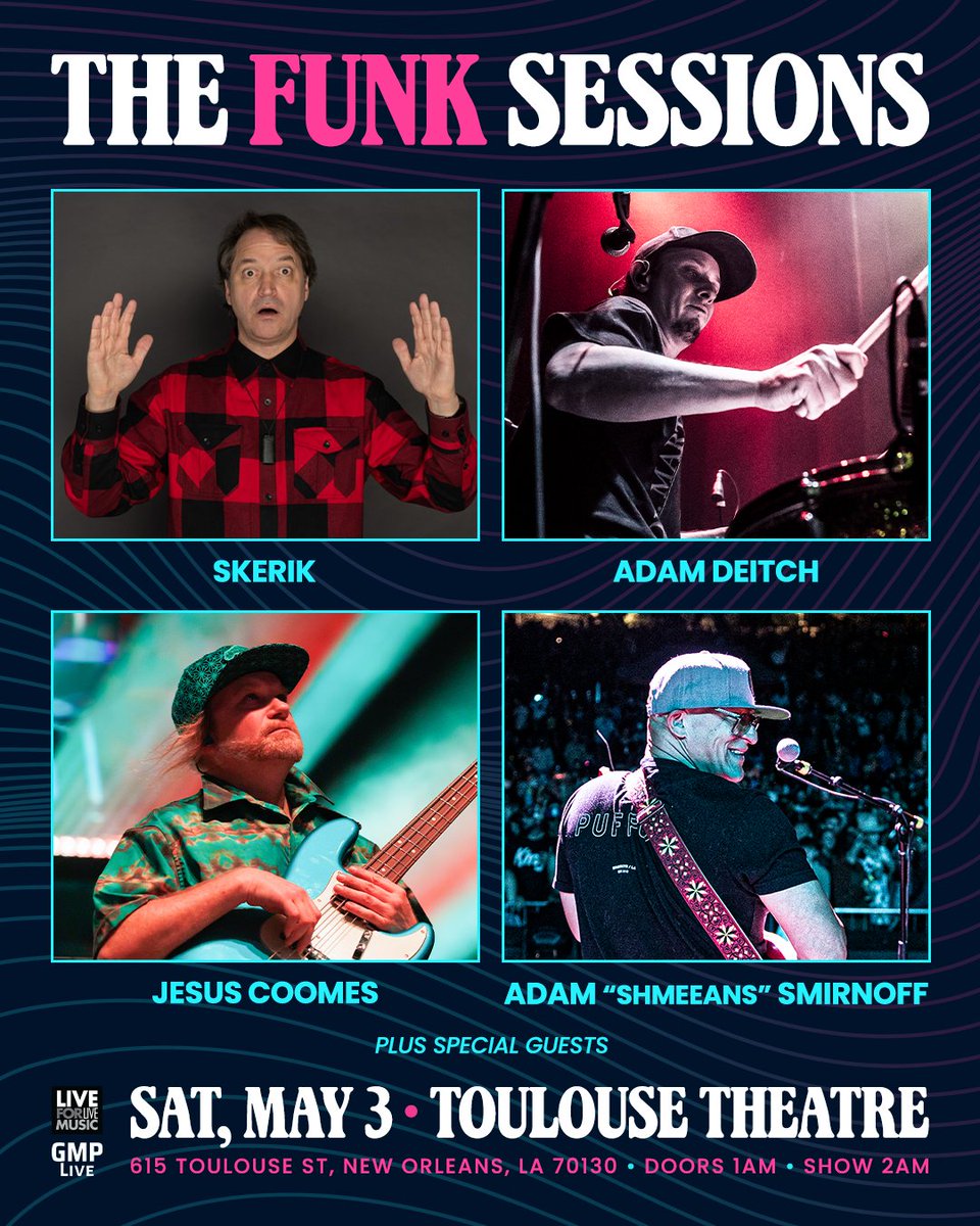 Adam Deitch (@realdeitchbeats) on Twitter photo NOLA 🔊⚜️ #TheFunkSessions returns to the <a href="/toulousetheatre/">Toulouse Theatre</a> for a late-night vibe on Saturday, May 3 (technically early AM 5/4) 🎫 on sale now: seetickets.us/event/the-funk…
<a href="/skerikmusic/">Skerik</a> <a href="/Shmeeans/">Adam Smirnoff</a> <a href="/L4LM/">Live For Live Music</a> <a href="/gidplot/">Gideon Plotnicki</a> NOLA 🔊⚜️ #TheFunkSessions returns to the <a href="/toulousetheatre/">Toulouse Theatre</a> for a late-night vibe on Saturday, May 3 (technically early AM 5/4) 🎫 on sale now: seetickets.us/event/the-funk…
<a href="/skerikmusic/">Skerik</a> <a href="/Shmeeans/">Adam Smirnoff</a> <a href="/L4LM/">Live For Live Music</a> <a href="/gidplot/">Gideon Plotnicki</a>
