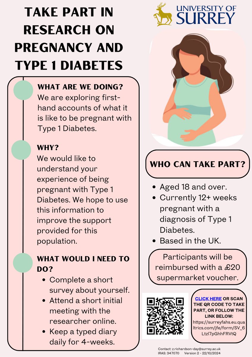 Are you 12+ weeks pregnant with a diagnosis of Type 1 Diabetes? We are exploring first-hand accounts of what it is like to be pregnant with type 1 diabetes. Click below to participate in the study:

surreyfahs.eu.qualtrics.com/jfe/form/SV_6L…