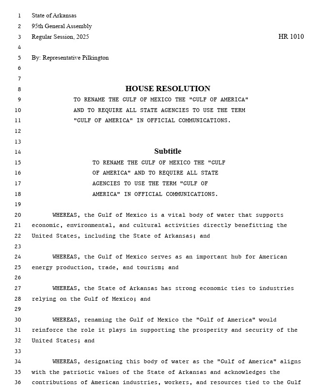 libsoftiktok's tweet photo. JUST IN: The Arkansas State House just rejected a bill that would require the state to adopt the "Gulf of America" name change and use the term in all official communication. https://t.co/v8EFsMJsLO