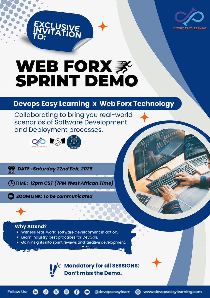 devopseasylearn's tweet image. EXCLUSIVE INVITE for our Students!

Joining us for an exciting Sprint Demo on 22nd of February as we showcase the latest updates on our collaborative software project
#D #DevOpsStudents #ExclusiveInvite #LearnFromTheExperts #NetworkingOpportunity #devopseasylearning #webforxtech