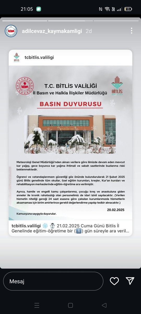 Valilikçe alınan karar gereği İlimiz geneli ve İlçemizde tüm kademeki okullarda eğitim ve öğretime olumsuz hava koşulları nedeniyle yarı için tatil edilmiştir.