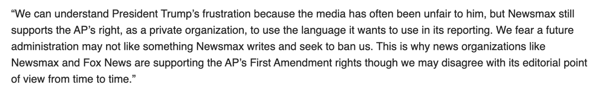 A statement from Newsmax on the Trump administration's barring of The Associated Press. Newsmax was one of dozens of media orgs that signed a letter to the White House in support of The A.P.