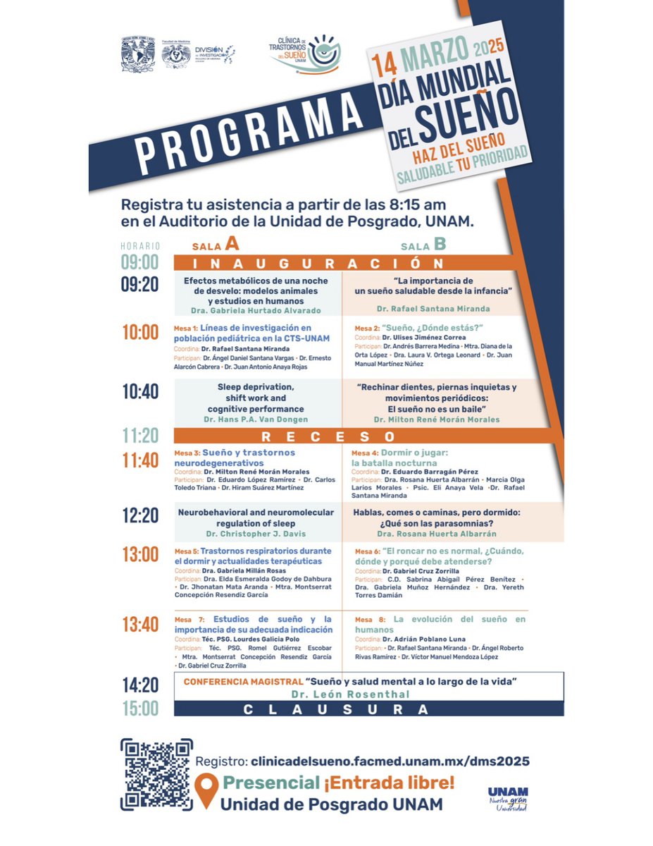Te compartimos el programa oficial para el Día Mundial del Sueño 2025 📷📷📷

Recuerda asistir el próximo 14 de marzo a la Unidad de Posgrado de la UNAM. No te lo puedes perder 📷📷

#dormirbien #sueño #MedicinaDelSueño #UNAM #DíaMundialDelSueño