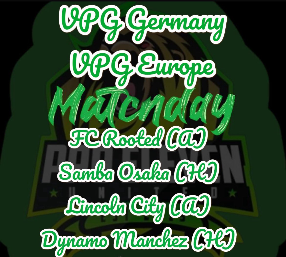 Heute ist wieder Spieltach!!!
<a href="/_vpggermany/">VPG Germany</a> <a href="/VPGEurope/">Virtual Pro Gaming | Europe</a> <a href="/DynamoManchez/">Dynamo Manchez FC</a>