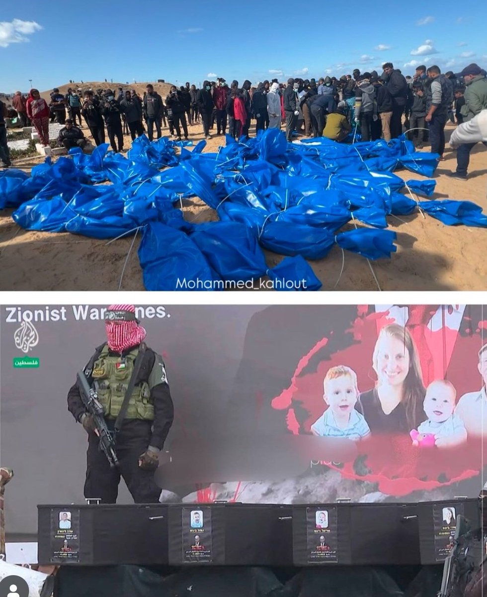 En bolsas de basura azules y amontonados, así entregó Israel a los palestinos asesinados por ellos.

Hamás lo hizo en ataúdes y fueron asesinados por las bombas del ejercito israelí.

Lecciones de dignidad de los ocupantes de Palestina ni una.

#Palestina vencerá!
#FreePalestine