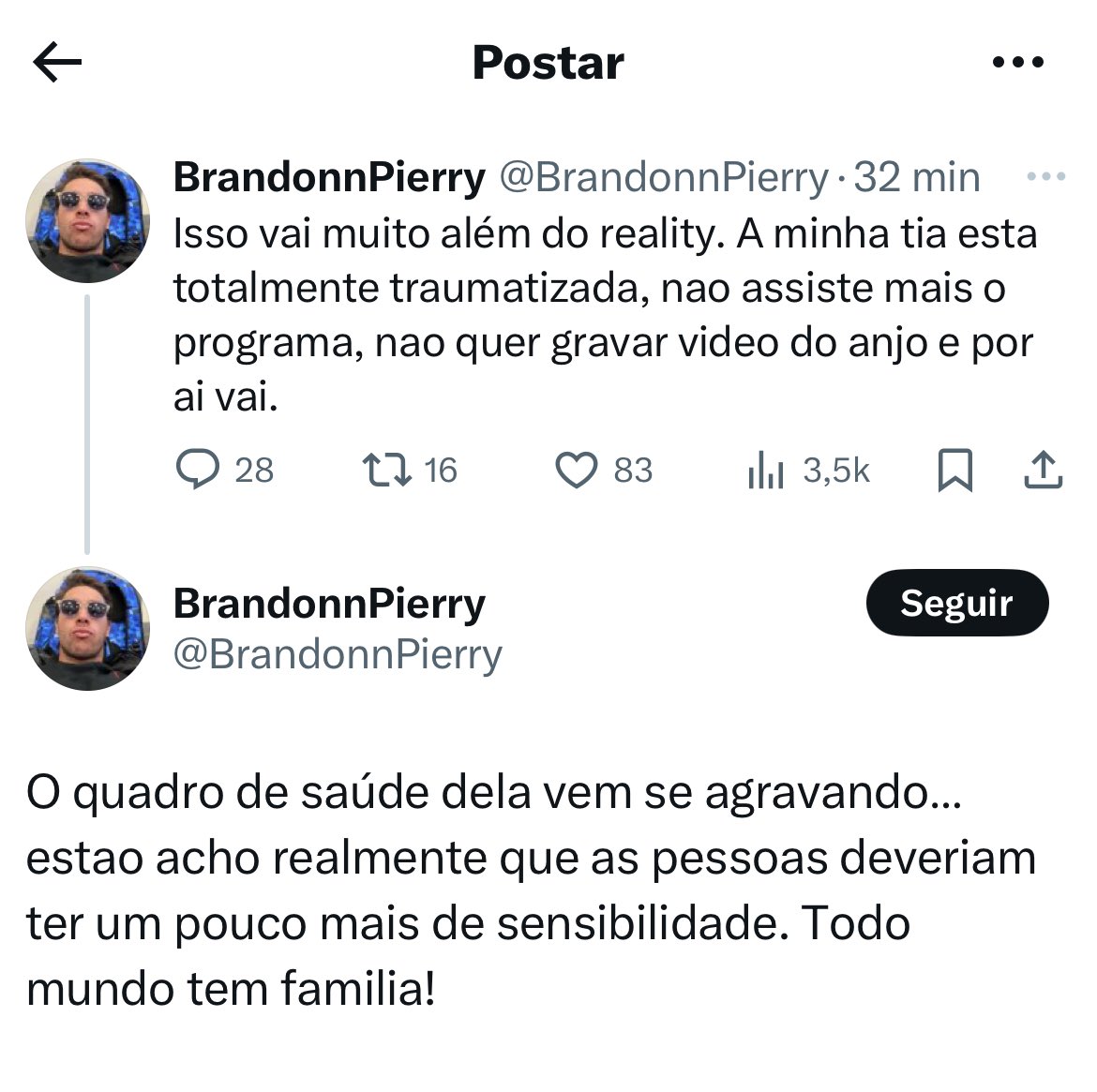 Galera, papo reto, apenas parem de jogar hate em parentes de participantes. Maike não fez nada além de tentar fugir de paredão, não aconteceu nada demais nessa edição pra começarem a pesar a mão desse jeito. 

A mãe dele ia passar por cirurgia esses dias, deixem a mulher em paz.
