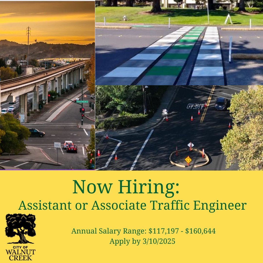 Now Open: Assistant or Associate Traffic Engineer. walnutcreekca.gov/careers and #applyonline by  3/10/2025!

#cityofwalnutcreek#assistanttrafficengineer#associatetrafficengineer#trafficengineer
#engineeringjobs#nowhiring #citycareers #cityjobs#governmentjobs#applynow #jobopenings