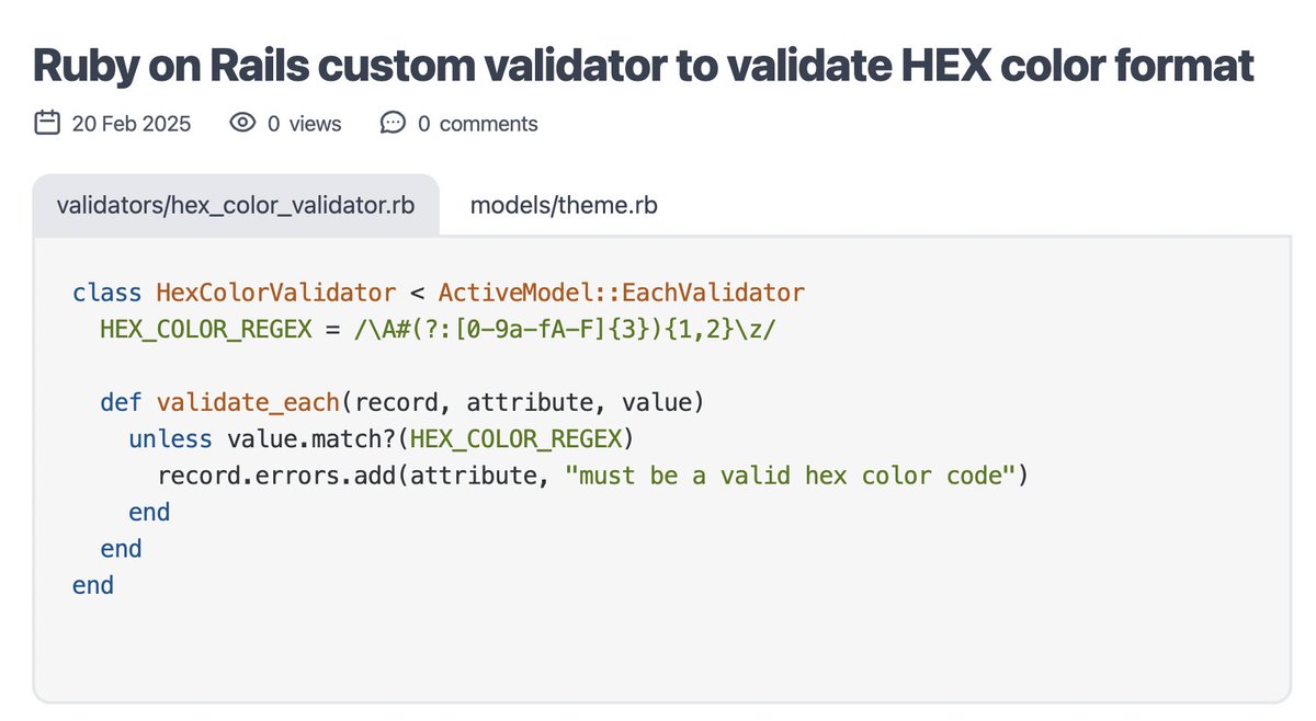 msojka's tweet photo. @rails  custom validator to validate HEX color format https://t.co/vlMW9Q4k9n #codesnips #rubyonrails #rails #ruby https://t.co/5xYiKFiuR3